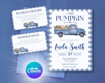 Pumpkin Baby Shower Invite Blue Truck Fall Invitation Template Little Pumpkin Theme Autumn Baby Shower Blue Vintage Truck
