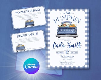 Little Pumpkin Blue Baby Shower Invite Vintage Truck Fall Invitation Template Little Pumpkin Theme Autumn Baby Shower for Boy