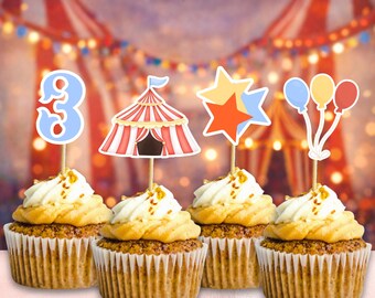 Circus Cupcake Toppers Carnival Birthday Party Cupcake Toppers Three Ring Circus Come ONE Come All Two the Big Top
