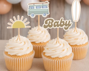 Baby on Board Cupcake Toppers Surfer Theme Baby Shower Decor Neutral Color