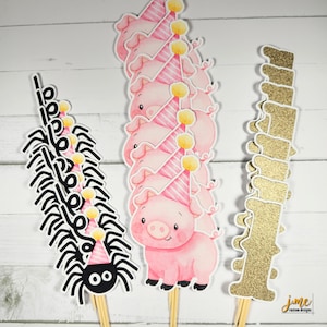 Cupcake Toppers Pink Gold Spider and Pig Design Birthday Party Cupcake Topper Set of 24 First Birthday Decor Glitter Party Centerpiece