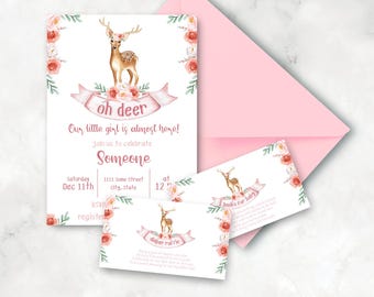 Oh Deer Baby Shower Invitation Set Baby Girl Invite Pink Floral Woodland Digital Template Set