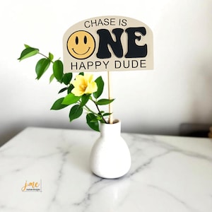 One Happy Dude Centerpiece Custom Name Party Decor Happy Face Centerpiece One Happy Dude Sign for Boy&#39;s First Birthday Groovy First Birthday