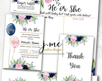 Editable Gender Reveal Party Bundle, Pink and Blue Gender Reveal Party, Floral Pink and Blue Invitation Set, Gender Reveal Party Set