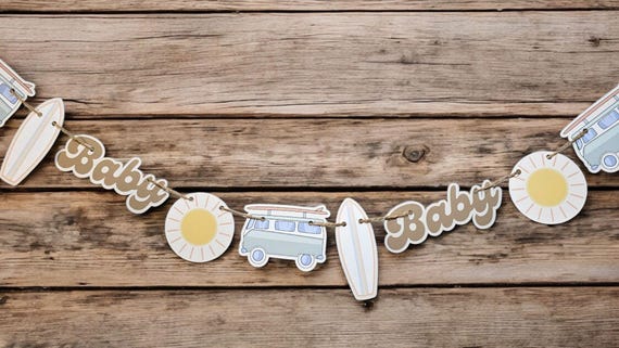 Baby on Board Icon Banner Baby Shower Decor Surfer Icons Neutral Colors Ocean Themed Party