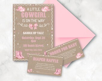 Cowgirl on the Way Invitation Set Editable Template Pink Coquette Cowgirl Theme