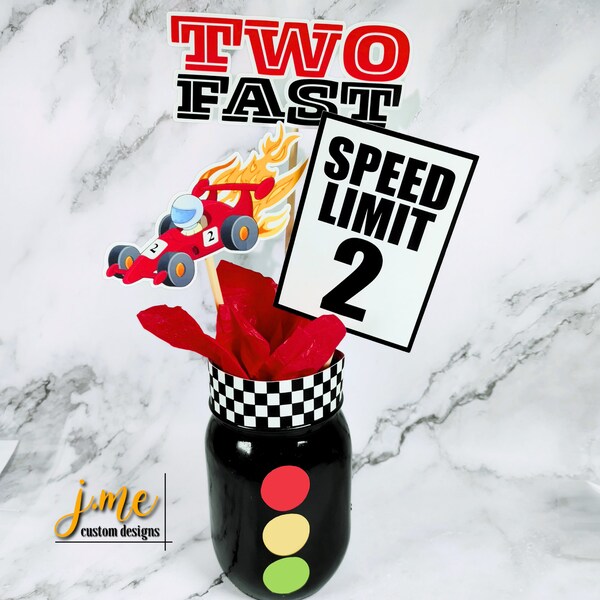 Two Fast Centerpiece Signs Racing Signs for Second Birthday Party Mason Jar Stickers Centerpiece for Racing Birthday Party Red and Black