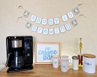 A Baby is Brewing Banner - Blue Tan Coffee Themed Baby Shower Decor