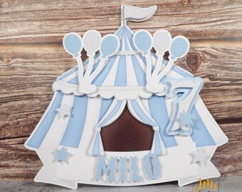 Circus Cake Topper Blue and White Carnival Birthday Party Custom Cake Decor Three Ring Circus Come ONE Come All