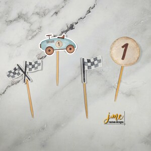 Fast One Cupcake Toppers Blue Vintage Car First Birthday Vintage Race Car Checkered Flag Set of 24 Cupcake Toppers Fast One Birthday Party