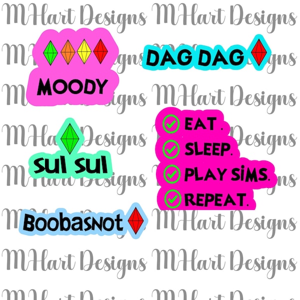 Sims 4 Printable stickers- 6 sheets of stickers- Simlish Stickers, party favor stickers, notebook stickers, digital stickers