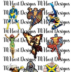 May include: A set of eight digital illustrations featuring various characters from the X-Men comic book series. The characters are depicted in a colorful, comic book style. The characters include Cyclops, Storm, Wolverine, Jean Grey, Beast, Colossus, Gambit, and Rogue.