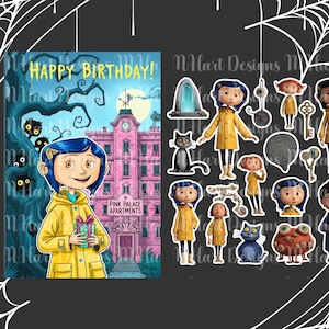 Printable Coraline Birthday Card with Stickers (Digital Download)