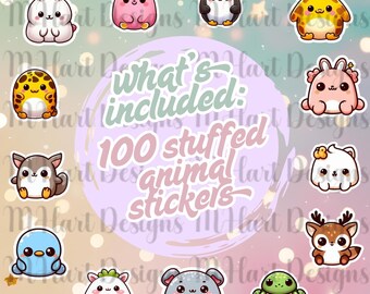 Könnte beinhalten: Ein Set mit 100 bunten, cartoonartigen Tieraufklebern. Die Aufkleber zeigen alle verschiedene Tiere, darunter einen Pinguin, eine Giraffe, ein Kaninchen, eine Schildkröte und ein Reh. Der Text "what's included: 100 stuffed animal stickers" ist in einem rosa Kreis geschrieben.