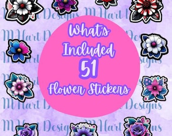 Adesivos de flores para impressão | Download digital | 51 adesivos