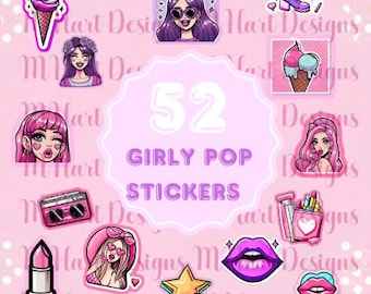 Girly Pop Planner Stickers – 52 PNG Files (Digital Download)