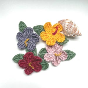 Op de afbeelding: Gehaakte hibiscusbloemen in paars, geel, roze en rood, elk met een gele meeldraad en groene bladeren. Er is ook een zeeschelp aanwezig. Perfect voor knutselen en het toevoegen van een tropisch tintje aan elk project.