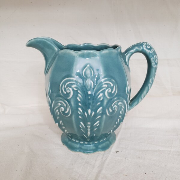 Fleur De Lis Ceramic Vase Pitcher Tea Pot Blue Green Vintage French Country Farmhouse Cottage Style Decor