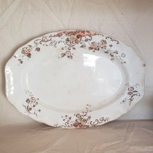 Doulton Burslem Vintage Serving Plate Lorna Pink Floral Pattern Semi Porcelain Plate Wall Patina with Staining and Crazing Oval Scalloped