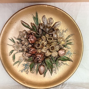 Chalkware Flower Wall Hanging Gold Hand Painted
