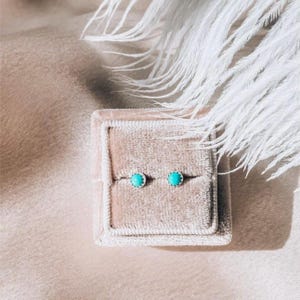 May include: A pair of turquoise stud earrings displayed in a small, open, pink velvet jewelry box. The earrings have a silver-colored setting. White feathers are in the background, and the overall aesthetic is soft and feminine.