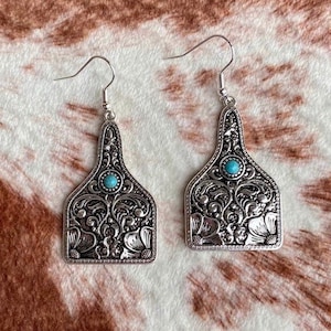 Silver/Turquoise Cow Tag Earrings