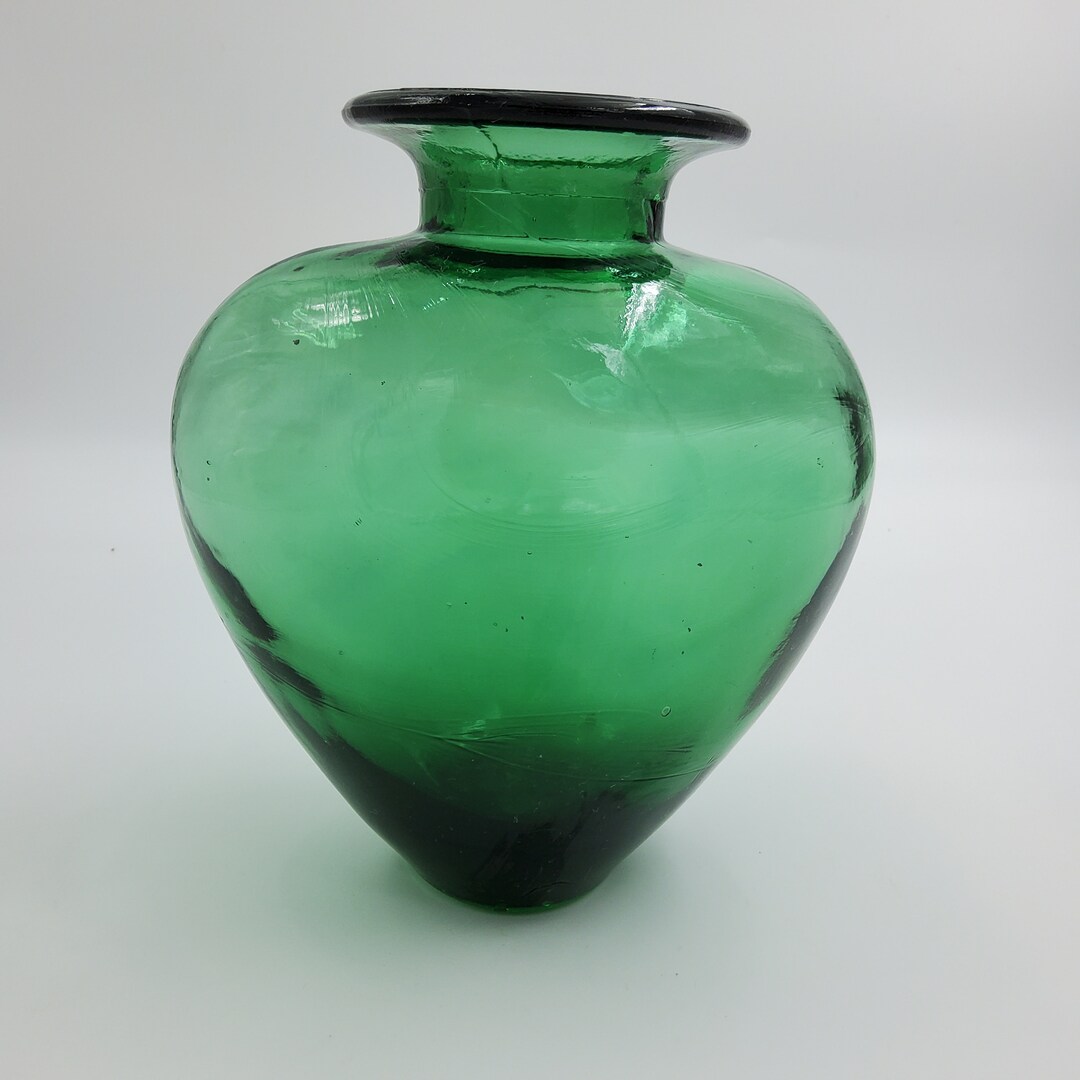 Vintage Teal Hand Blown Pressed Glass Heavy Vase Made in Spain Etsy