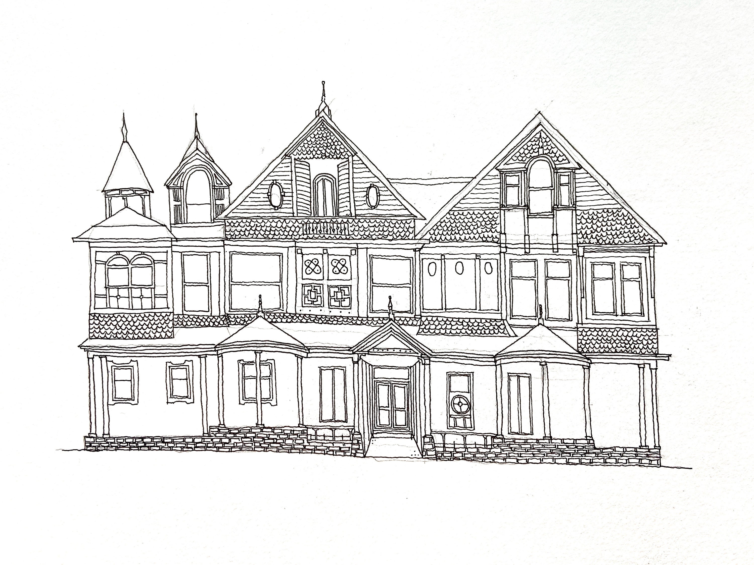 Oneoff drawing of the Winchester Mystery House Etsy