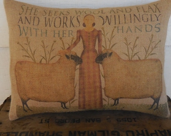Proverbs 31:13 Burlap Pillow, Godly Woman, Bible Verse Pillow, Modern Farmhouse