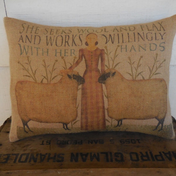 Proverbs 31:13 Burlap Pillow, Godly Woman, Bible Verse Pillow, Modern Farmhouse