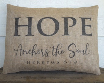 Hebrews 6 Burlap Pillow, Hope Pillow, Bible Verse Pillow, Modern Farmhouse