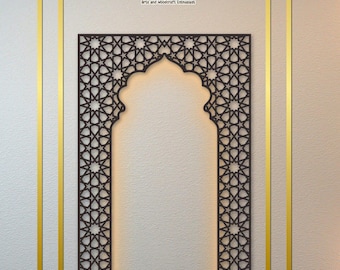 Wooden Mihrab with LED Light – Islamic Wall Art Decor for Prayer Corner | Modern Muslim Home Decoration