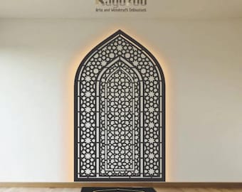 Wooden Mihrab &quot;Combination Dome&quot; 3D Islamic Wall Art Decor With LED Lamp Made From Plywood Cutting 3 mm, Modern Islamic Home Decor
