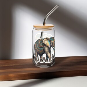 Mandala Elephant Design Glass Cup. Elephant design. Elephant in a glass cup. Ice coffee glass cup with elephant. Mandala designs.