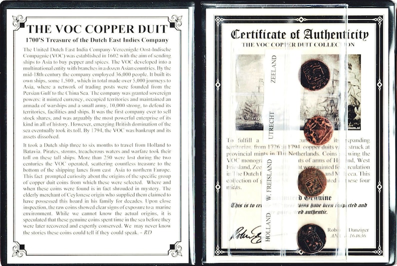 Certificate,Story /& Album 4 VOC Dutch East Indies Co Copper Duits Coins,1700/'s
