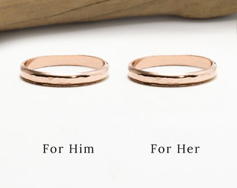 Matching Rose Gold Ring Set Couple, 2.5mm Hammered Half Round, Promise Engagement Rings, His & Her Dainty Wedding Band Ring | Eternal Rings