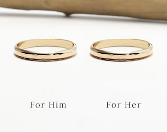 Matching Gold Ring Set For Couple, 2.5mm Hammered Half Round, Promise Engagement Rings, His & Her Dainty Wedding Band Ring | Eternal Rings