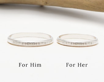 Matching Silver Ring Set For Couple, 2.5mm Lines Hammered Half Round, Promise Engagement Rings, His & Her Dainty Wedding Band |Eternal Rings