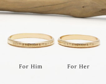 Matching Gold Ring Set For Couple, 2.5mm Lines Hammered Half Round, Promise Engagement Rings, His & Her Dainty Wedding Band | Eternal Rings