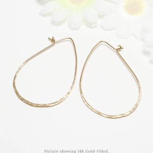Large Hammered Hoop Earrings, Gold Oval Hoop, Minimalist Earrings, Thin Hoop Earrings, 14K Rose Gold Filled Teardrop Hoops | Evermore Hoops