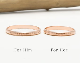 Matching Rose Gold Ring Set Couple, 2.5mm Lines Hammered Half Round, Promise Engagement Rings, His & Her Dainty Wedding Band | Eternal Rings