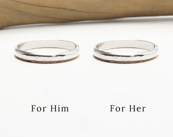 Matching Silver Ring Set For Couple, 2.5mm Hammered Half Round, Promise Engagement Rings, His & Her Dainty Wedding Band Ring | Eternal Rings