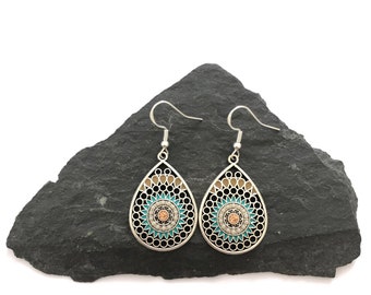 Pendientes de gota de lágrima de piedra preciosa étnica boho, plata 925, pendientes vintage delicados, pendientes hippies gitanos colgantes, joyas de pendientes Y2K