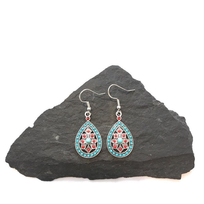 Bohemian Ethnic Dangle Earrings, Delicate Gemstone Y2K Earrings, Boho Hippie Dangle Earrings, Everyday Lightweight Earrings, Gifts for Her Light Blue