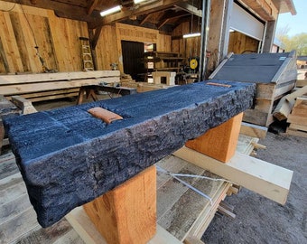 Serenity Bench | Shou Sugi Ban | Timber Frame | Hand Hewn | Mortise & Tenon | Burned Wood | Beam | Entryway | Table | Wood Art