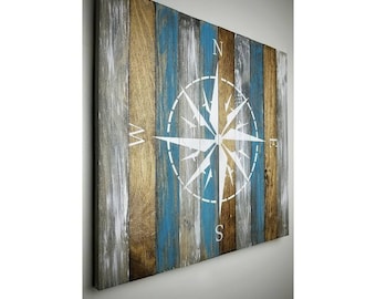 Nautical Wood Compass | Compass On Wood | Wooden Compass | Wood Compass Art | Beach Decor | Wood Art | Rustic | Shabby Chic | Turquoise |