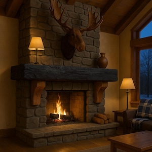 May include: A warm, inviting living room with a stone fireplace and a burning fire. A moose head is mounted above the mantelpiece. Two lamps with beige shades provide soft lighting. A wooden coffee table and armchair complete the rustic decor.