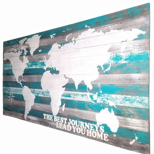Carte du bois marin | Carte du monde sur le bois | Boussole | Carnet de | Shabby Chic | Rustique | Turquoise | Cadeaux | Carte en bois | Carte du monde