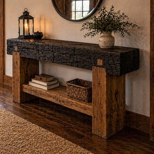 May include: A rustic wooden console table with a dark, textured top and lighter-toned legs. The table features a lower shelf with books and a woven basket. A decorative lantern and vase with greenery sit on top. The table is approximately 60 inches long.