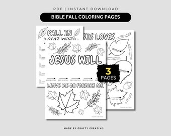 Puede incluir: Páginas para colorear imprimibles en blanco y negro con hojas de otoño y versículos bíblicos. Las páginas incluyen el texto "Enamorarse de Jesús te dejará o te abandonará" y "Jesús ama".